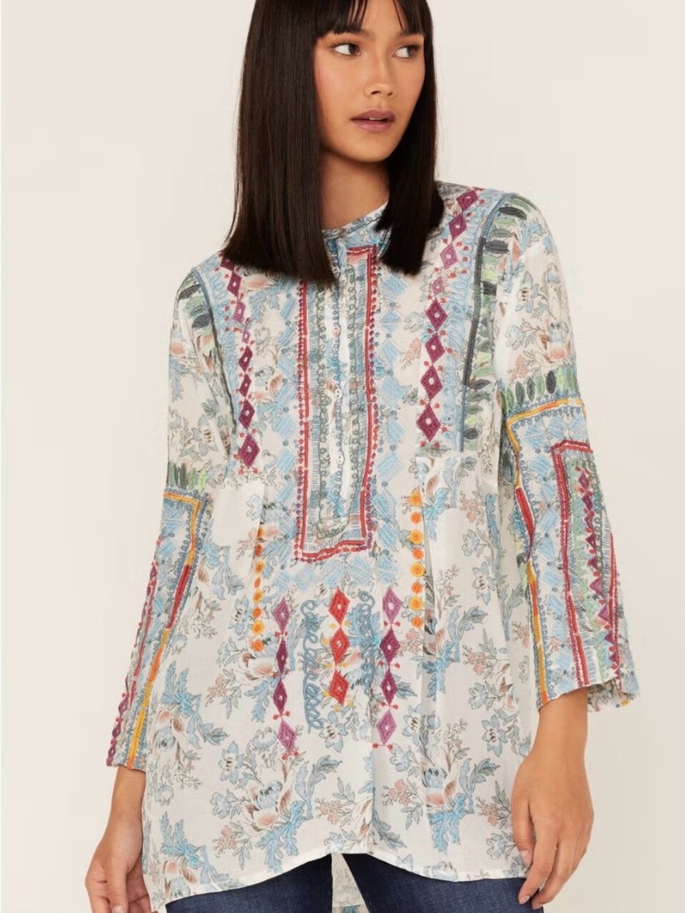 Johnny Was Women's Isla Embroidered Floral Print Tunic Blouse 100% Silk Size M